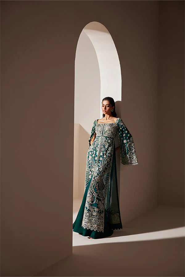 Luxe Emerald Organza Flared Gown Featuring Silver Dhabka Handwork, Beaded Cape Sleeves and Embroidered Dupatta