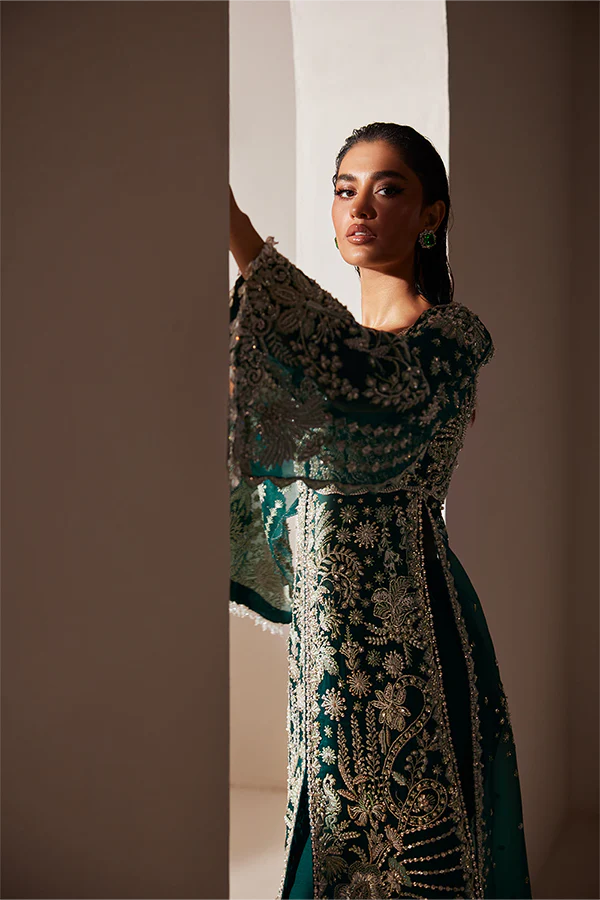 Emerald Organza Flared Gown with Silver Hand Embellishment, Cape Sleeves, Raw Silk Trousers and Embroidered Dupatta