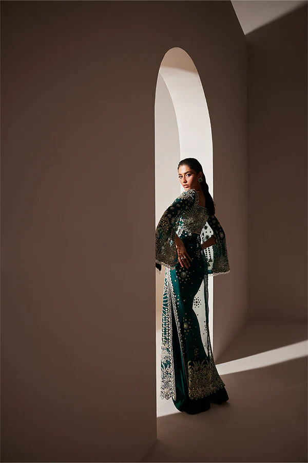 Emerald Organza Flared Gown with Silver Hand Embellishment, Cape Sleeves, Raw Silk Trousers and Embroidered Dupatta