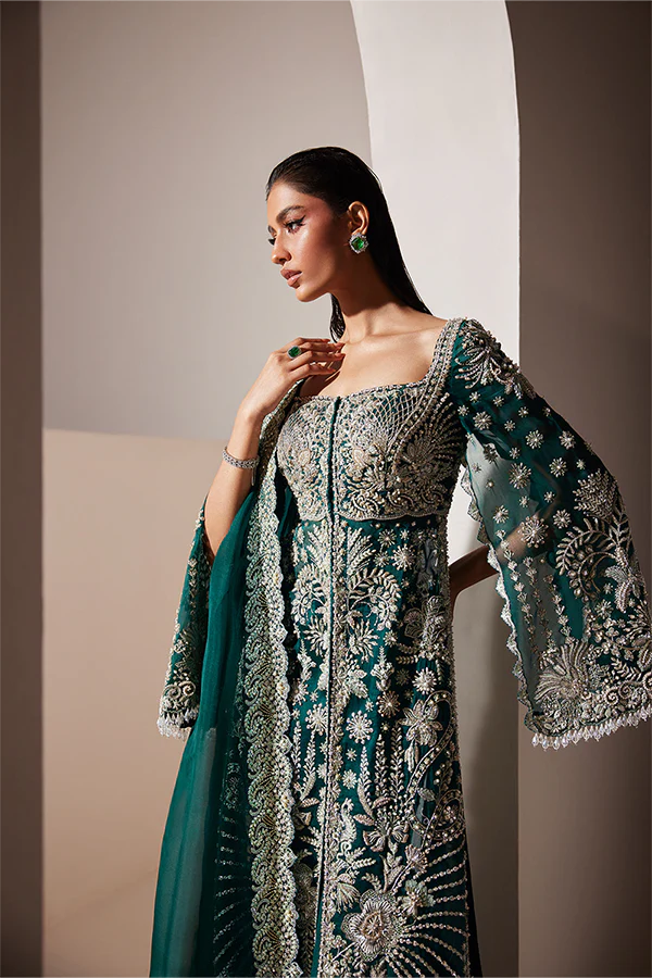 Emerald Organza Flared Gown with Silver Hand Embellishment, Cape Sleeves, Raw Silk Trousers and Embroidered Dupatta