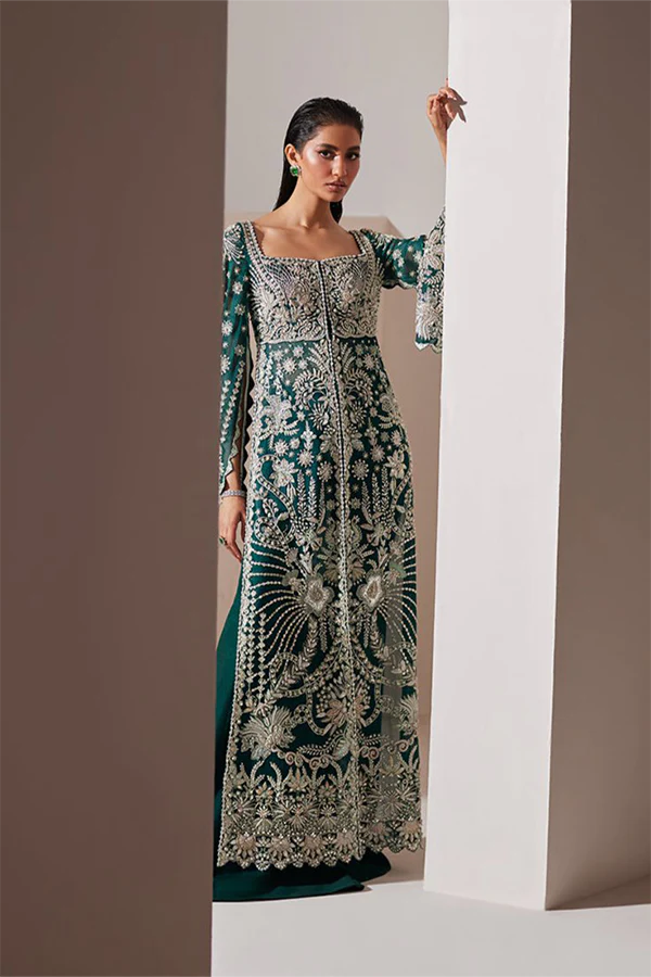 Emerald Organza Flared Gown with Silver Hand Embellishment, Cape Sleeves, Raw Silk Trousers and Embroidered Dupatta