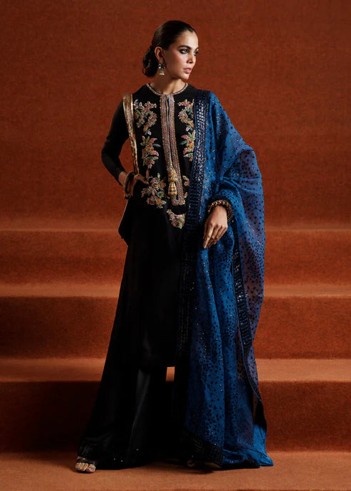 Luxury Black Raw Silk Embellished Shirt with Handcrafted Multicolor Beadwork, Elegant Palazzo Pants and Glitzy Organza Dupatta with Signature Potli for Formal and Festive Wear