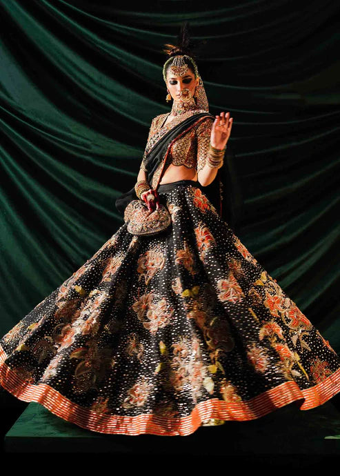 Luxury Black Satin Silk Lehenga Set with Rust Patchwork Embellishments, Sequined Detailing and Elegant Organza Dupatta for Formal and Festive Wear