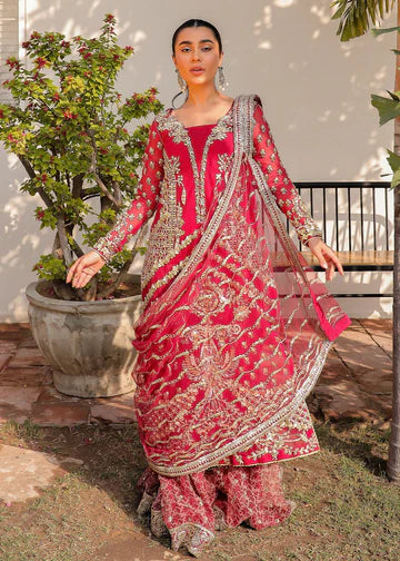 Luxury Red Net Embellished Sharara Suit with Heavy Gota Patti, Naqshi-Style Tilla Embroidery, Pearl and Champagne Crystal Handwork, Floral and Jaali Motifs, Pre-Stitched Draped Dupatta, Vintage Printed Organza Lehenga with Gold Tilla Booti