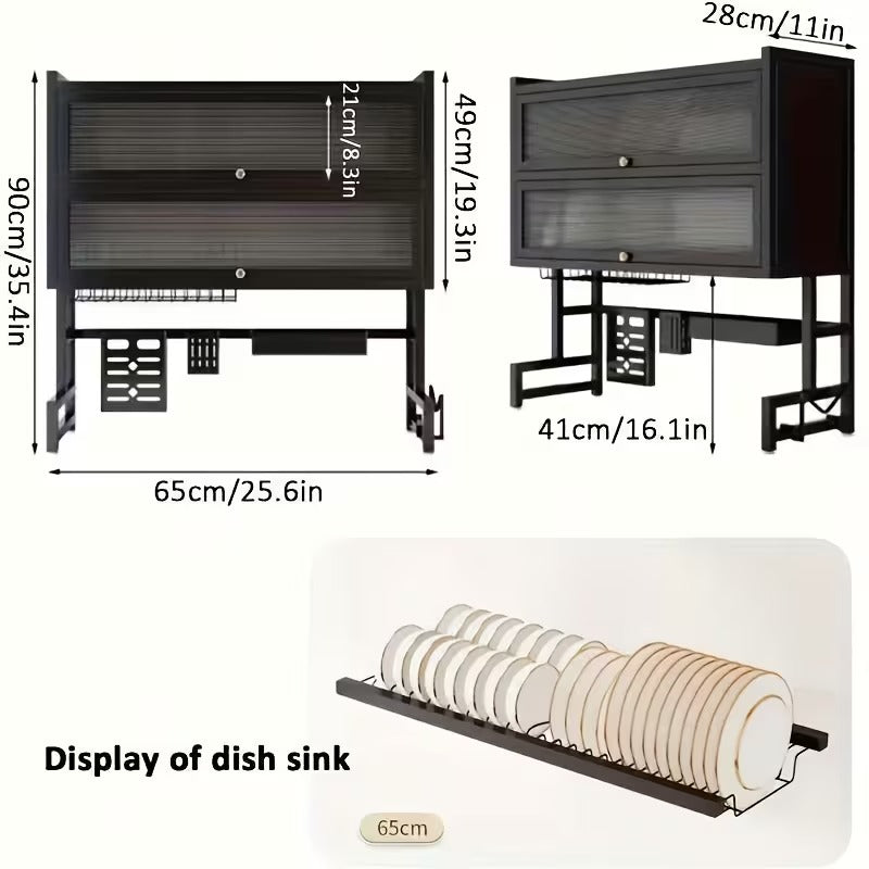 Double-Layer Kitchen Dish Rack with Cabinet Doors, Dust-Proof Dish Drying Organizer for Sink & Countertop, Multi-Functional Storage with Built-In Drainage System