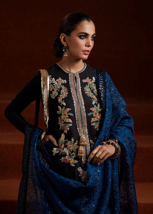 Luxury Black Raw Silk Embellished Shirt with Handcrafted Multicolor Beadwork, Elegant Palazzo Pants and Glitzy Organza Dupatta with Signature Potli for Formal and Festive Wear