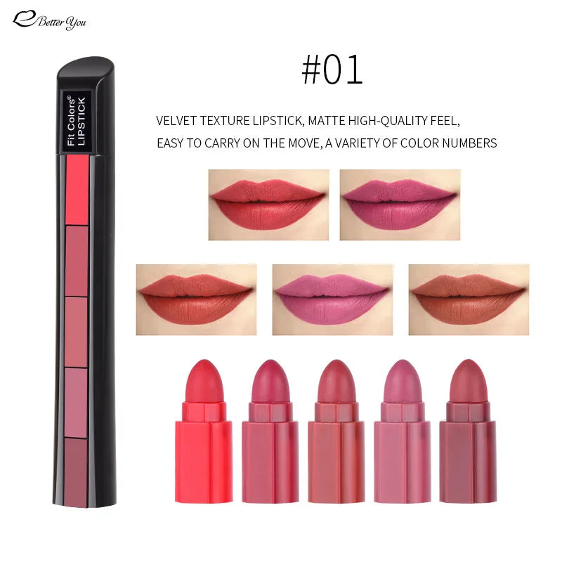 5 In 1 Matte Lipstick Kit Waterproof Nude Combination Lipgloss Long Lasting Velvet Red Show Complexion Sexy Lip Tint Cosmetic