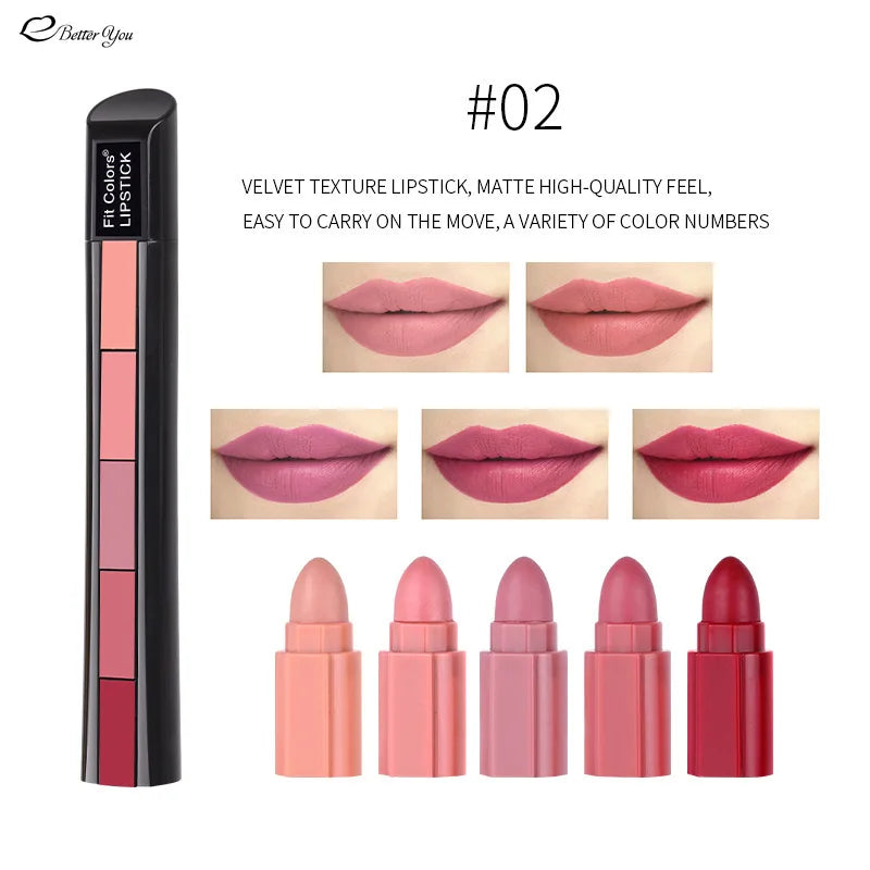 5 In 1 Matte Lipstick Kit Waterproof Nude Combination Lipgloss Long Lasting Velvet Red Show Complexion Sexy Lip Tint Cosmetic