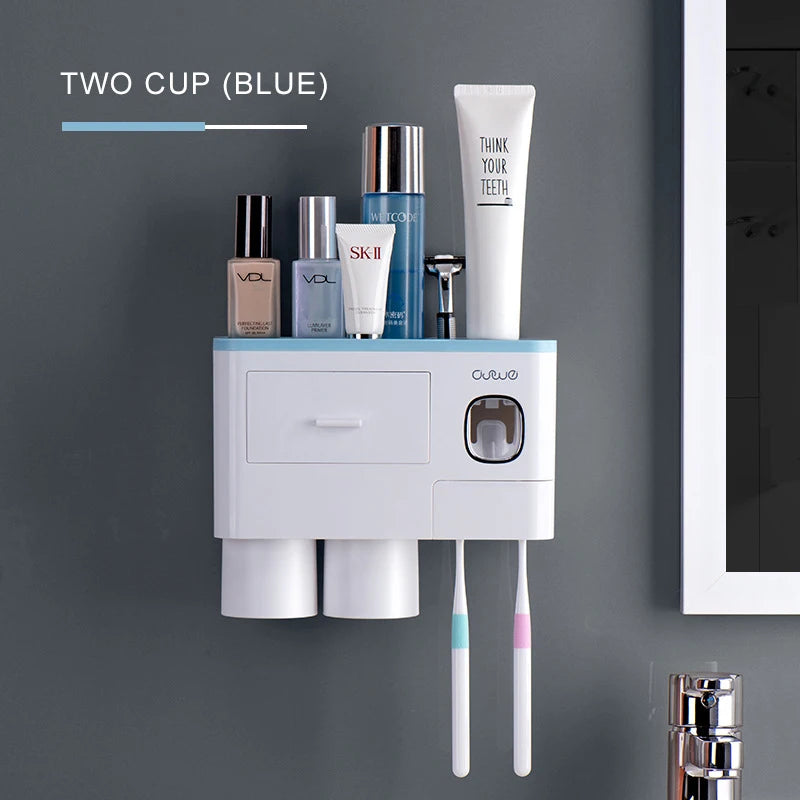 Bathroom Accessories Set Magnetic Adsorption Toothbrush Holder Automatic Toothpaste Dispenser with Cup Wall Mount Storage Rack