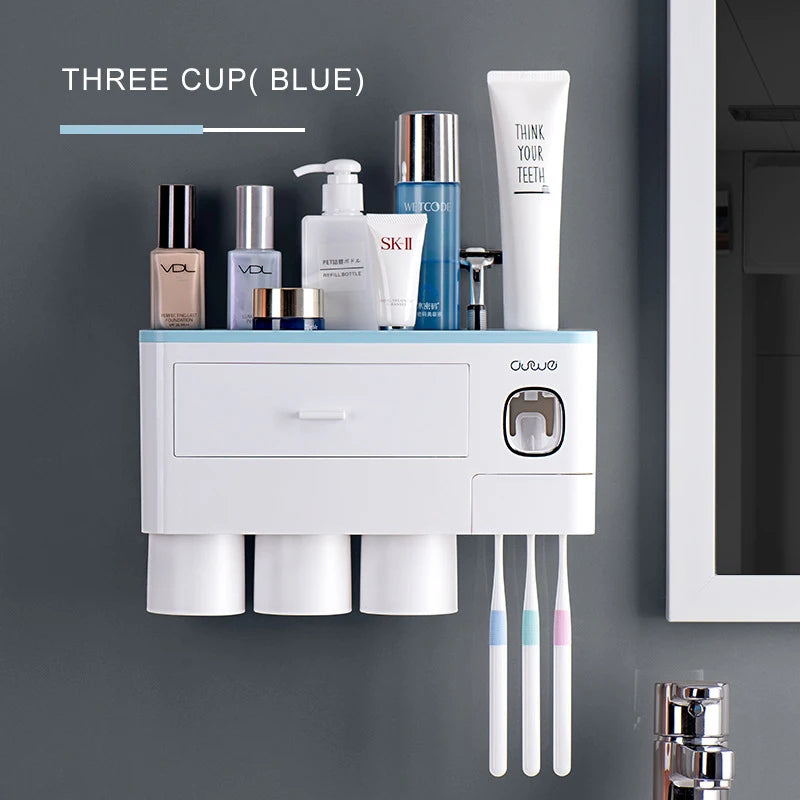Bathroom Accessories Set Magnetic Adsorption Toothbrush Holder Automatic Toothpaste Dispenser with Cup Wall Mount Storage Rack