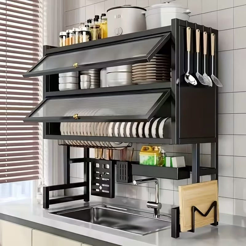 Double-Layer Kitchen Dish Rack with Cabinet Doors, Dust-Proof Dish Drying Organizer for Sink & Countertop, Multi-Functional Storage with Built-In Drainage System