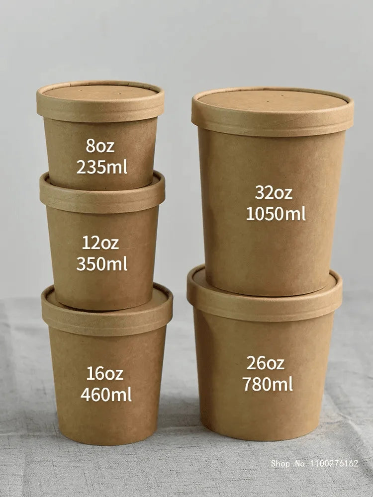 Kraft Paper Food Containers with Lids Eco Friendly Disposable Paper Cups Perfect for Soup, Ice Cream