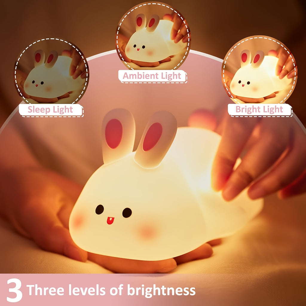 Large Face Rabbit Night Light with USB Rechargeable Battery & 3-Level Dimmable Control - Cute Bunny-Themed Bedside Lamp with Soft Glow, USB-Powered Operation