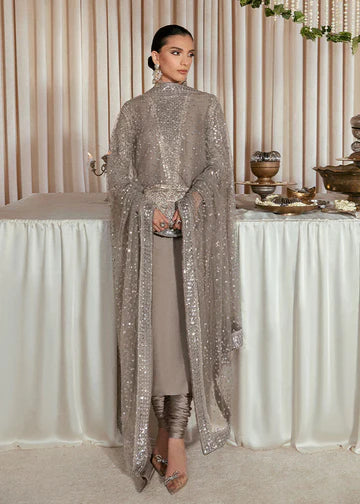 Luxury Grey Raw Silk Formal Suit with Heavy Silver Hand Embellishment, Organza Sleeves, Swarovski Detailing, Net Dupatta with Sequin Border, and Pure Raw Silk Chooridar Pants for Elegant Evening and Festive Wear