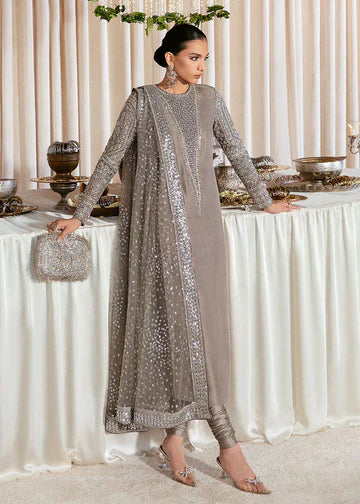 Luxury Grey Raw Silk Formal Suit with Heavy Silver Hand Embellishment, Organza Sleeves, Swarovski Detailing, Net Dupatta with Sequin Border, and Pure Raw Silk Chooridar Pants for Elegant Evening and Festive Wear