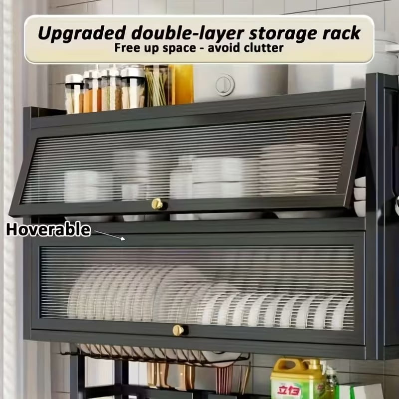 Double-Layer Kitchen Dish Rack with Cabinet Doors, Dust-Proof Dish Drying Organizer for Sink & Countertop, Multi-Functional Storage with Built-In Drainage System