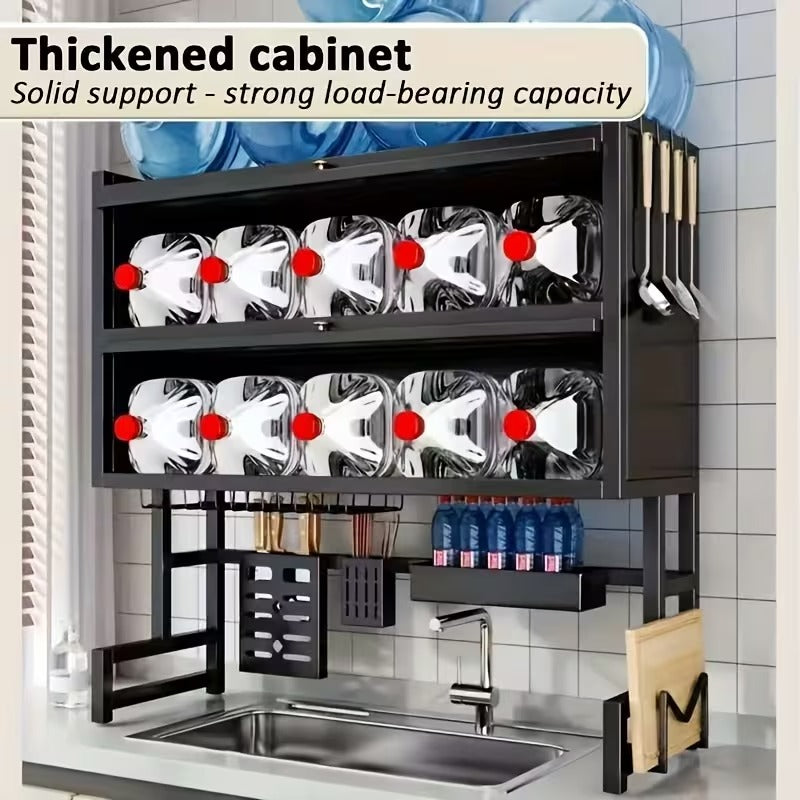 Double-Layer Kitchen Dish Rack with Cabinet Doors, Dust-Proof Dish Drying Organizer for Sink & Countertop, Multi-Functional Storage with Built-In Drainage System