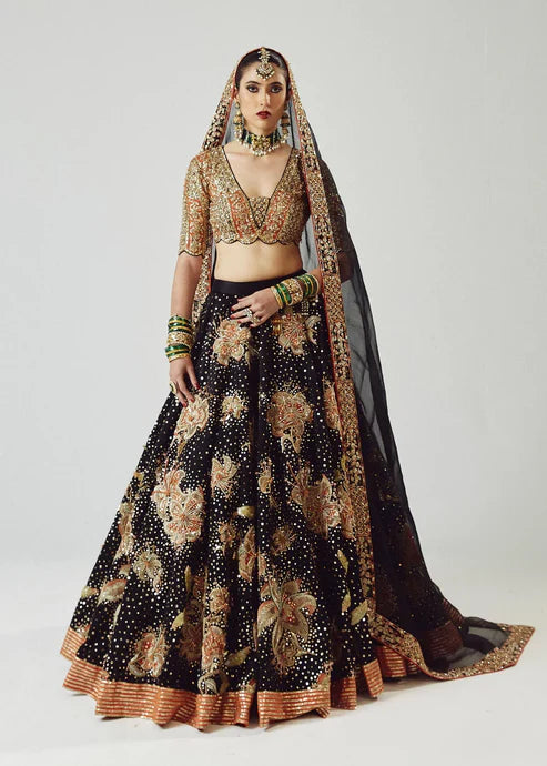 Luxury Black Satin Silk Lehenga Set with Rust Patchwork Embellishments, Sequined Detailing and Elegant Organza Dupatta for Formal and Festive Wear