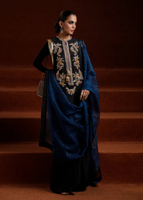 Luxury Black Raw Silk Embellished Shirt with Handcrafted Multicolor Beadwork, Elegant Palazzo Pants and Glitzy Organza Dupatta with Signature Potli for Formal and Festive Wear