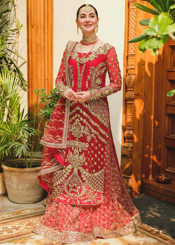 Luxury Red Net Embellished Sharara Suit with Heavy Gota Patti, Naqshi-Style Tilla Embroidery, Pearl and Champagne Crystal Handwork, Floral and Jaali Motifs, Pre-Stitched Draped Dupatta, Vintage Printed Organza Lehenga with Gold Tilla Booti