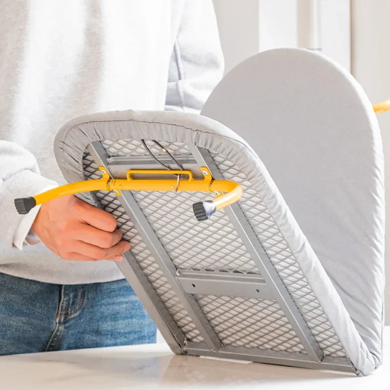Folding desktop ironing board, wall-mounted steel mesh with iron stand, space saving, convenient laundry hooks