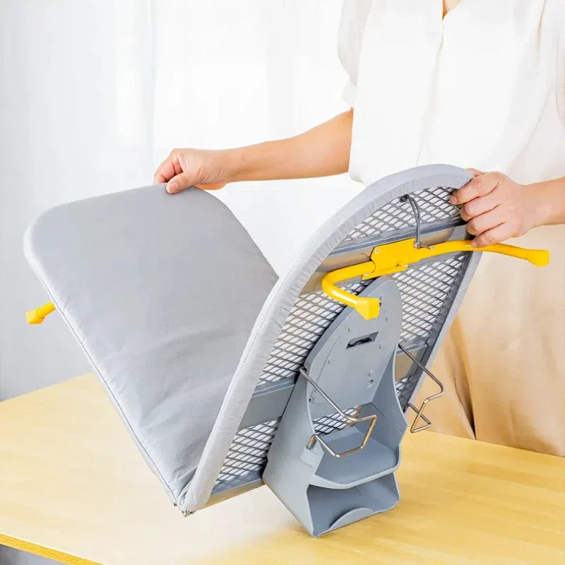 Folding desktop ironing board, wall-mounted steel mesh with iron stand, space saving, convenient laundry hooks