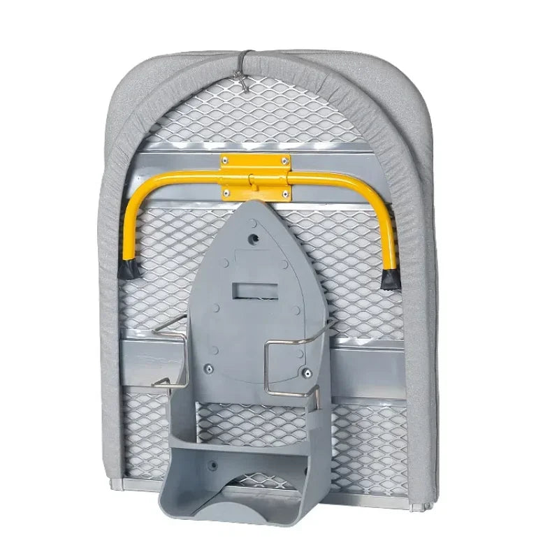 Folding desktop ironing board, wall-mounted steel mesh with iron stand, space saving, convenient laundry hooks