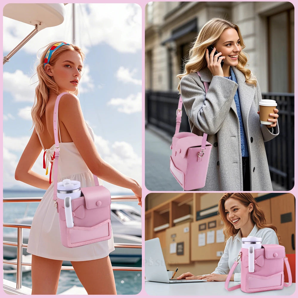 Premium Quality Water Bottle Bag For Stanley Tumbler 40oz Portable Leather Thermos bottle Bag For Girl