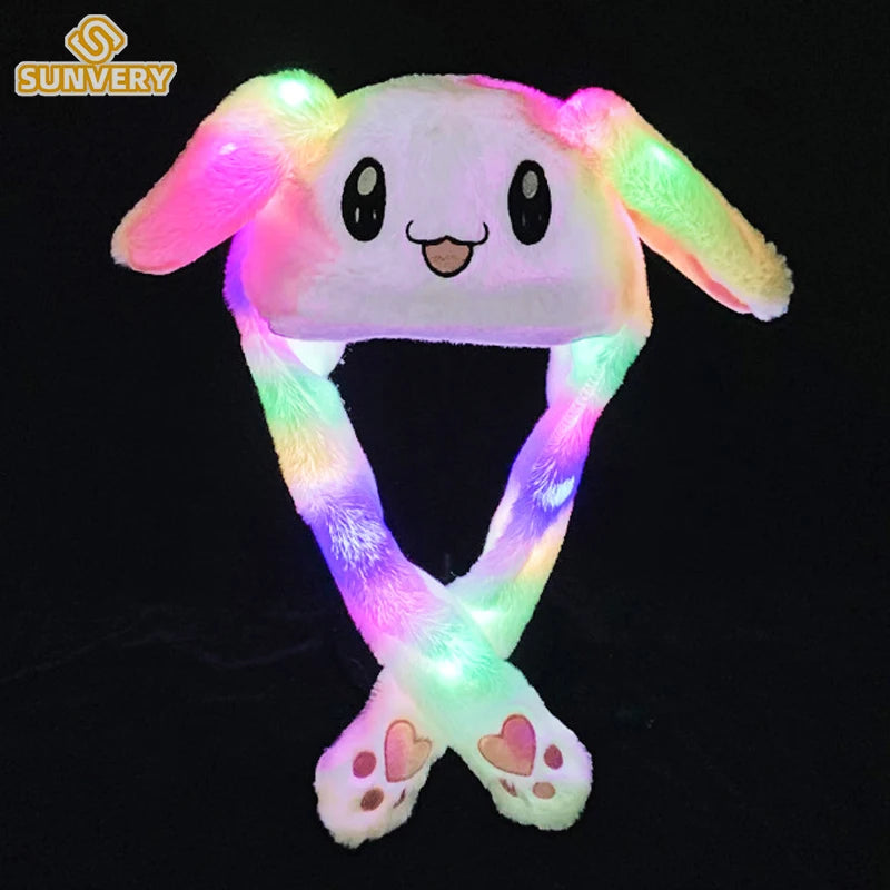 Jumping Rabbit Hat Plush Ear Funny Glowing Ear Moving Bunny Hat Cosplay Halloween Christmas Party Hat 5-18 Years and Adult