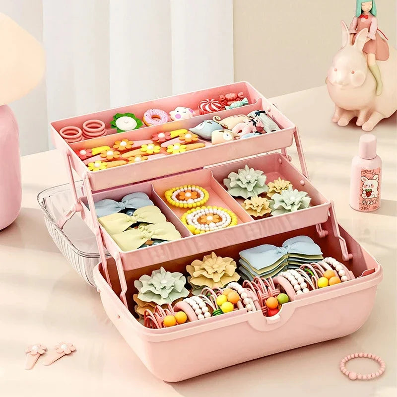 Cute Large Jewelry Storage Box Multi-Layer Organizer Hair Tie Hairpin Necklace Earrings Rings Dustproof Cosmetics Desktop Kids