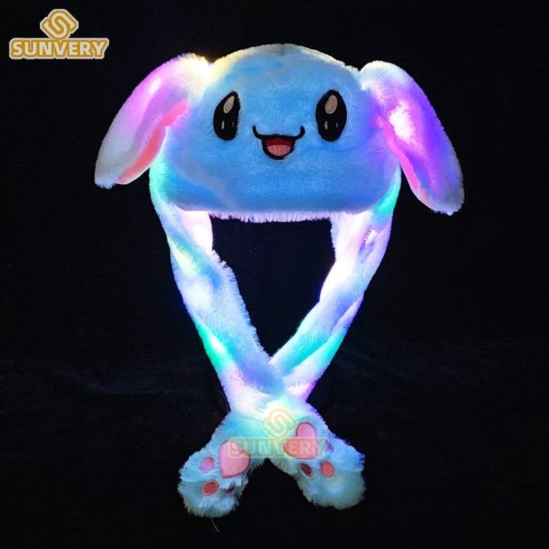 Jumping Rabbit Hat Plush Ear Funny Glowing Ear Moving Bunny Hat Cosplay Halloween Christmas Party Hat 5-18 Years and Adult