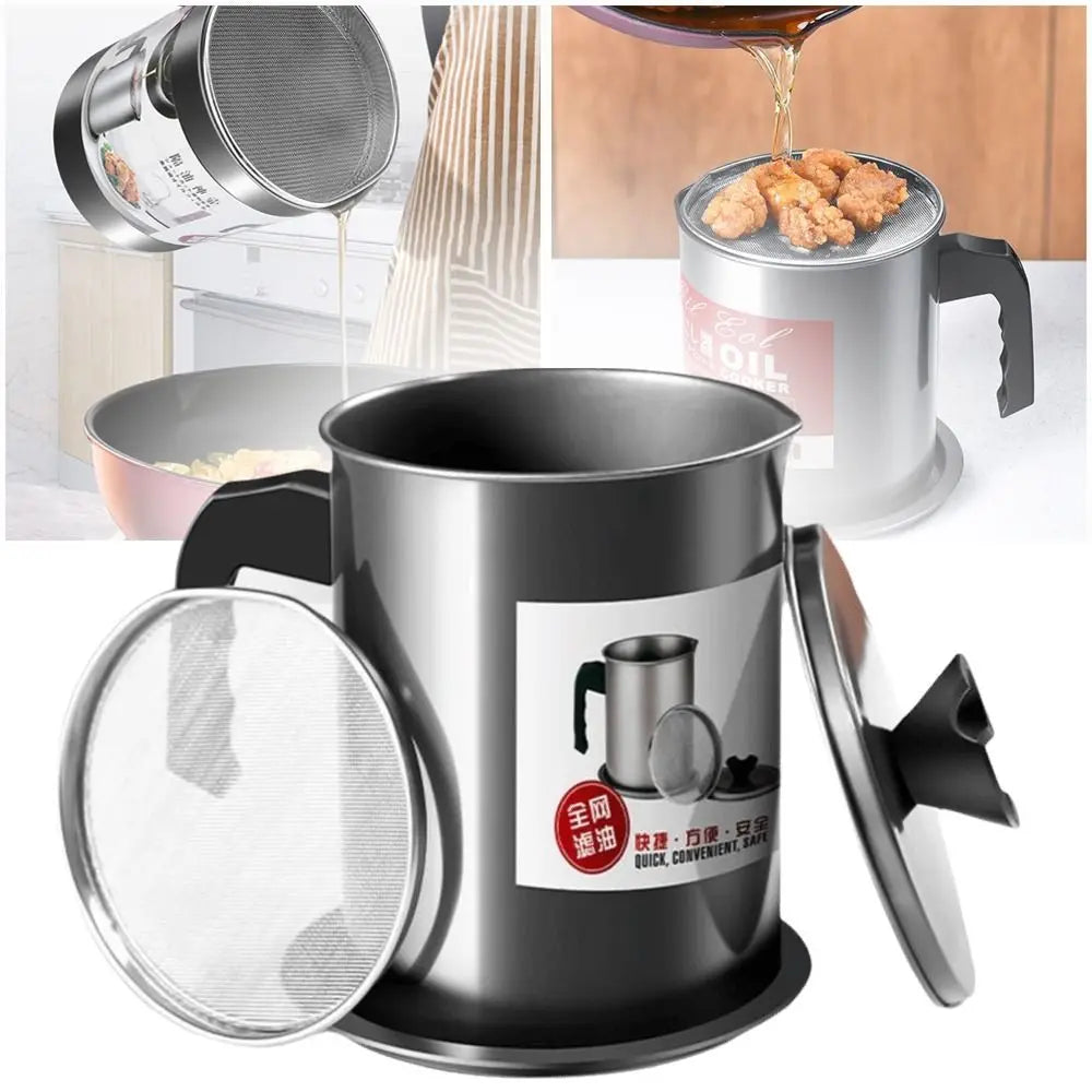 Stainless Steel Cooking Oil Jar with Tray&lid Food Oil Strainer Container Large Capacity Silver Grease Keeper Pot