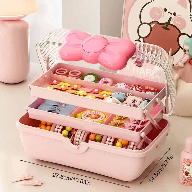 Cute Large Jewelry Storage Box Multi-Layer Organizer Hair Tie Hairpin Necklace Earrings Rings Dustproof Cosmetics Desktop Kids
