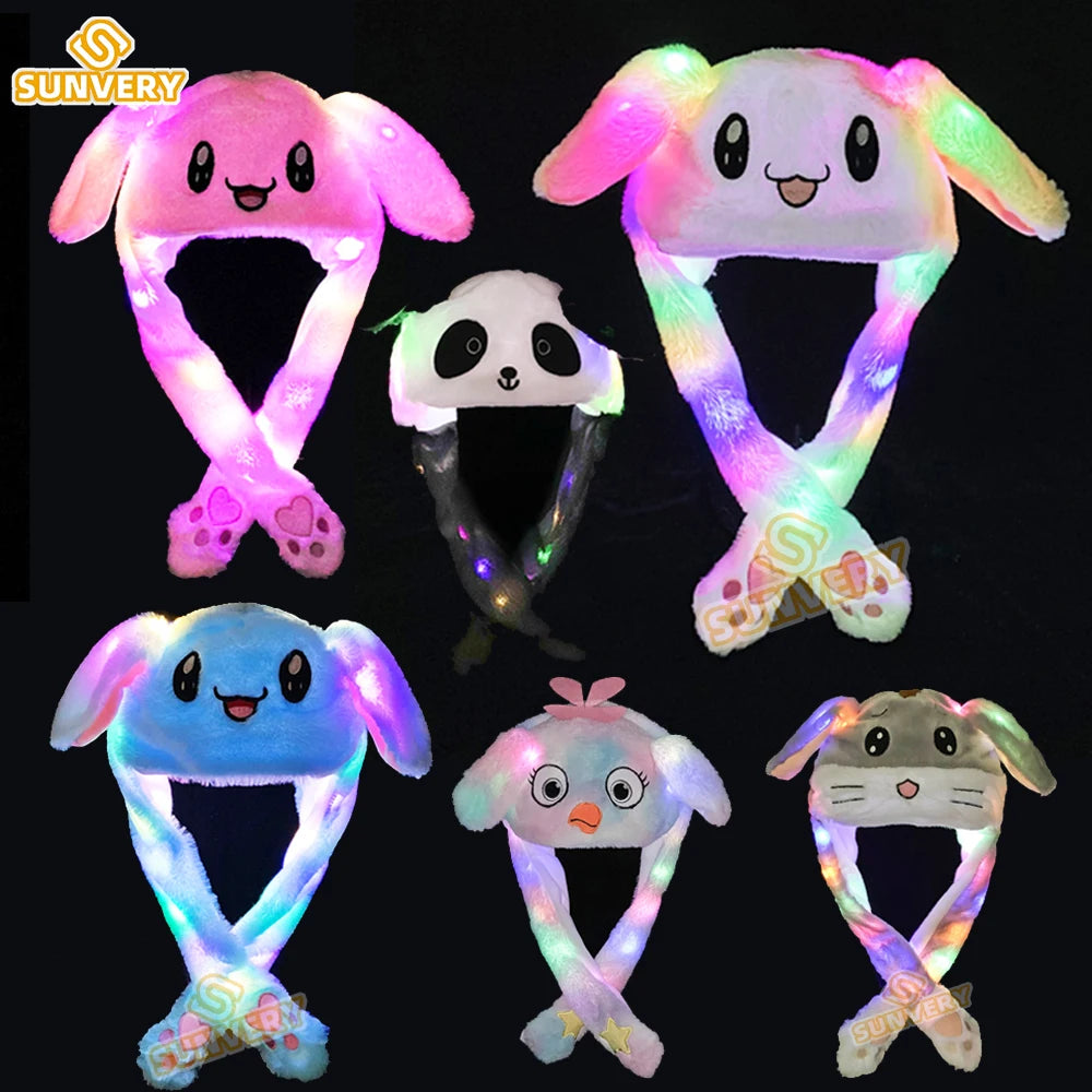 Jumping Rabbit Hat Plush Ear Funny Glowing Ear Moving Bunny Hat Cosplay Halloween Christmas Party Hat 5-18 Years and Adult