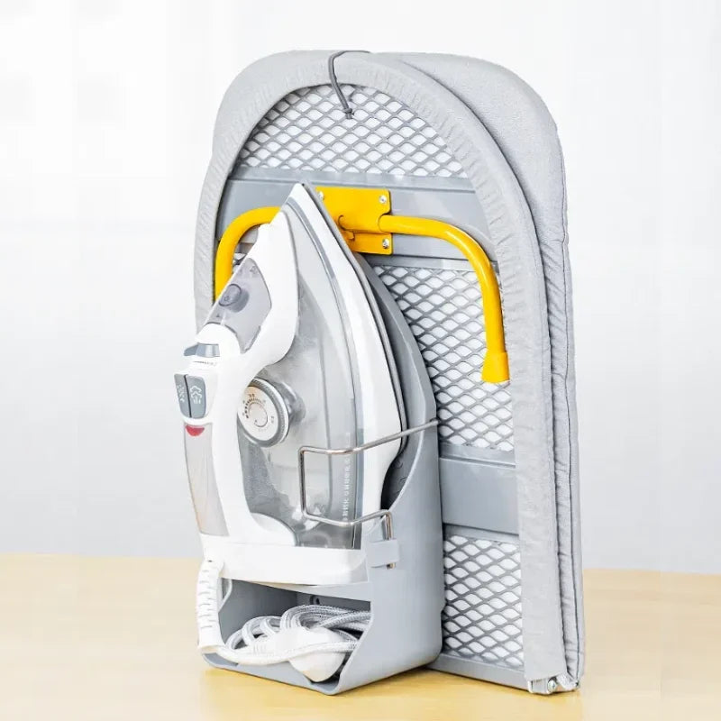 Folding desktop ironing board, wall-mounted steel mesh with iron stand, space saving, convenient laundry hooks