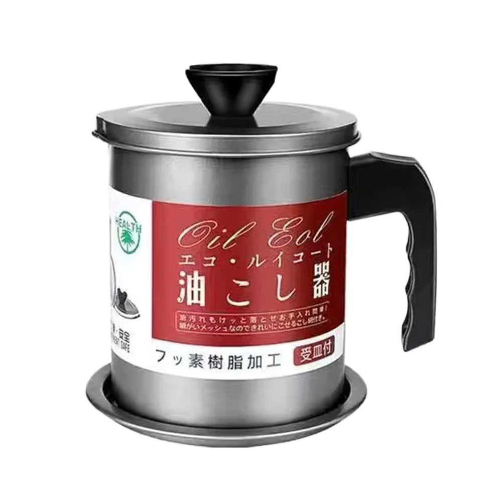 Stainless Steel Cooking Oil Jar with Tray&lid Food Oil Strainer Container Large Capacity Silver Grease Keeper Pot