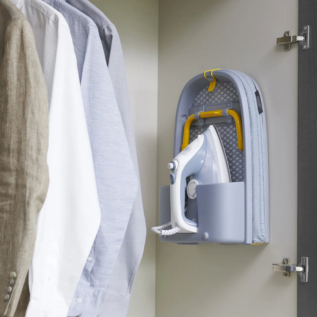 Folding desktop ironing board, wall-mounted steel mesh with iron stand, space saving, convenient laundry hooks
