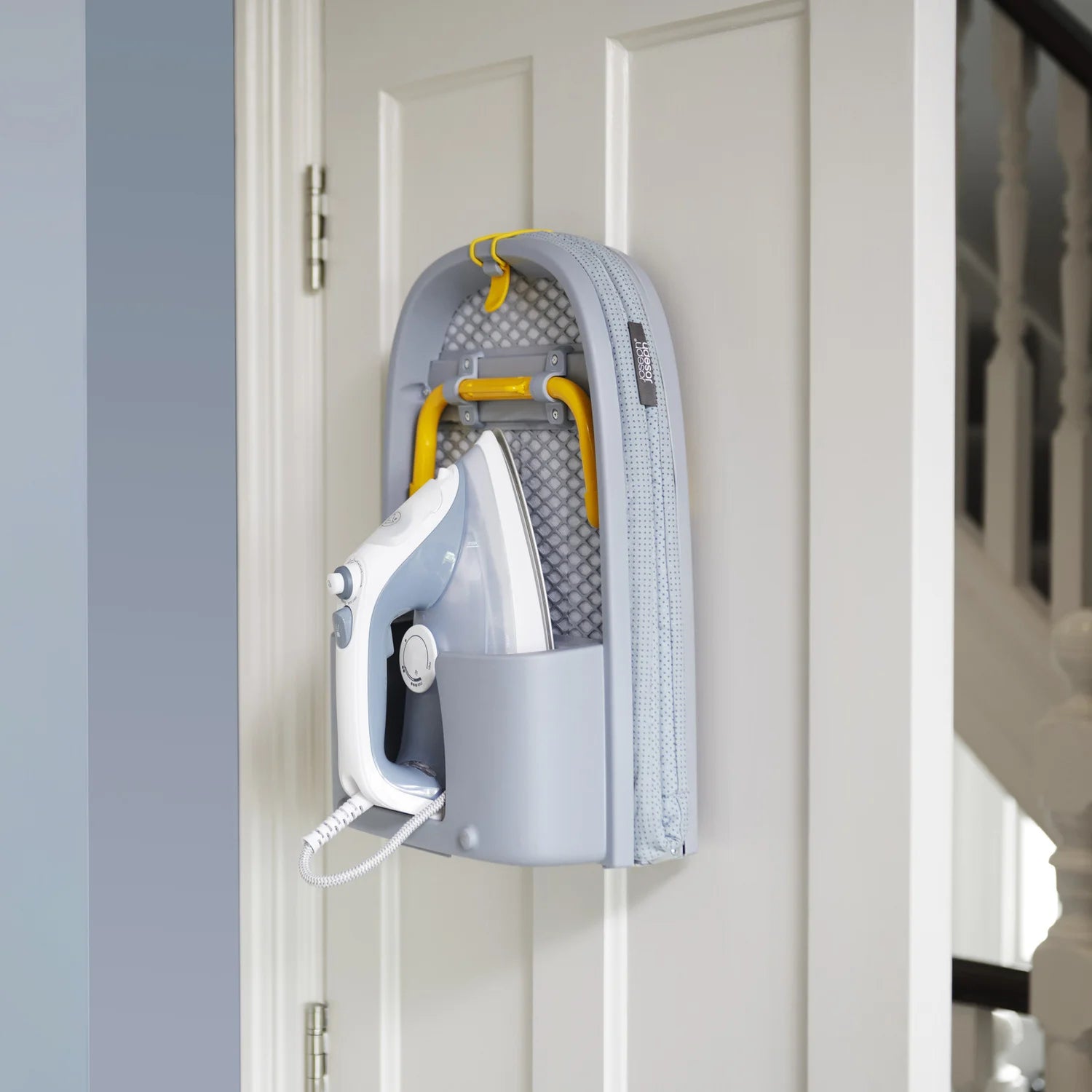 Folding desktop ironing board, wall-mounted steel mesh with iron stand, space saving, convenient laundry hooks