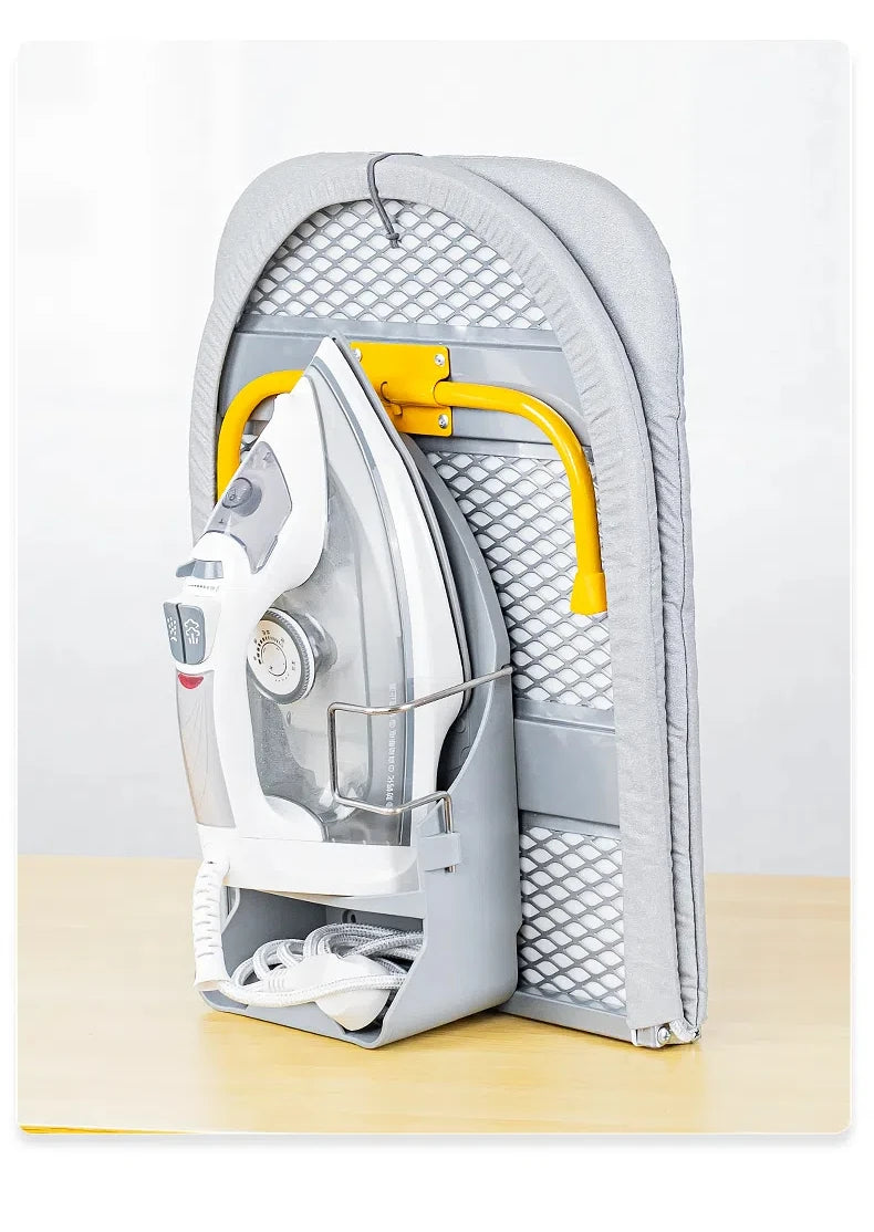 Folding desktop ironing board, wall-mounted steel mesh with iron stand, space saving, convenient laundry hooks