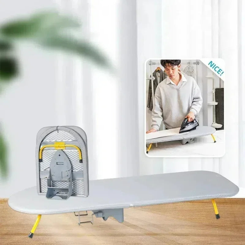 Folding desktop ironing board, wall-mounted steel mesh with iron stand, space saving, convenient laundry hooks