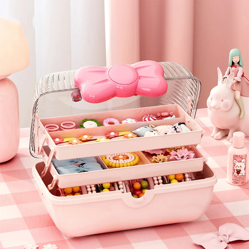 Cute Large Jewelry Storage Box Multi-Layer Organizer Hair Tie Hairpin Necklace Earrings Rings Dustproof Cosmetics Desktop Kids