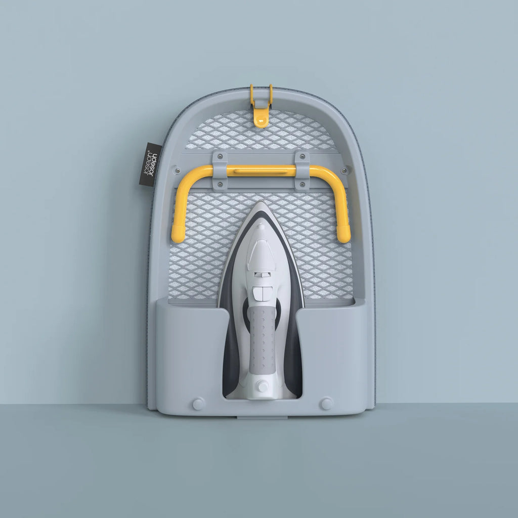 Folding desktop ironing board, wall-mounted steel mesh with iron stand, space saving, convenient laundry hooks