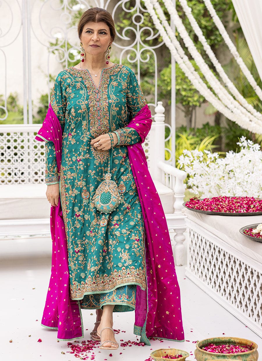 Premium Emerald Jamawar Ensemble with Heavy Hand Embroidery, Floral Motifs, Silk Izaar and Magenta Dupatta
