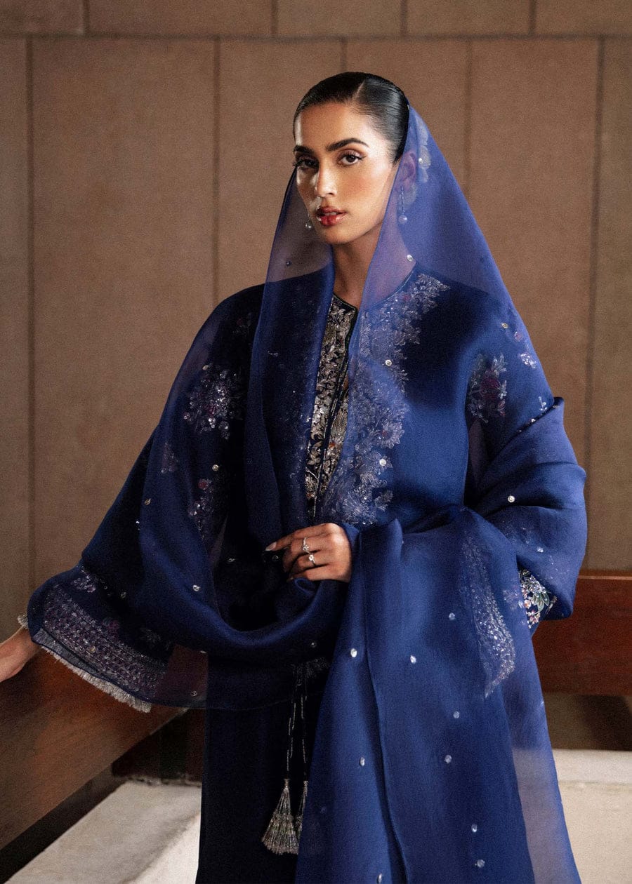 Classic Navy Blue Raw Silk Long Shirt with Silver Nakshi, Sequins & Multicolor Cut Dana Embellishments, Heavily Embellished Sleeves, Paired with Red Raw Silk Palazzo Pants and Organza Dupatta – Luxury 3-Piece Formal Ensemble