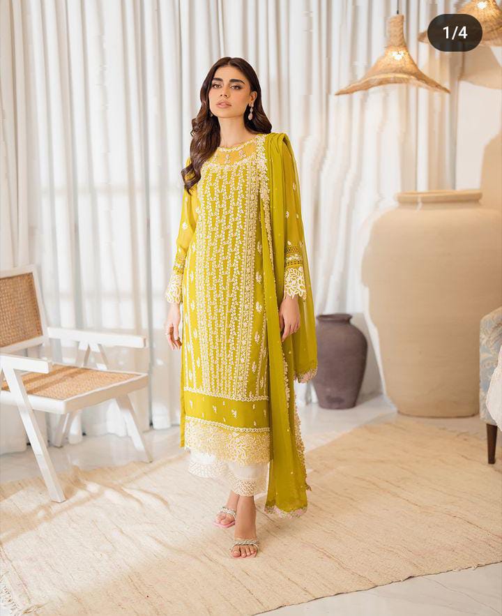 Azure Luxury Chiffon Embroidered Suit with Fully Embellished Front, Designer Sleeves, Ready-to-Wear Border Dupatta and Malai Trouser for Formal & Festive Wear