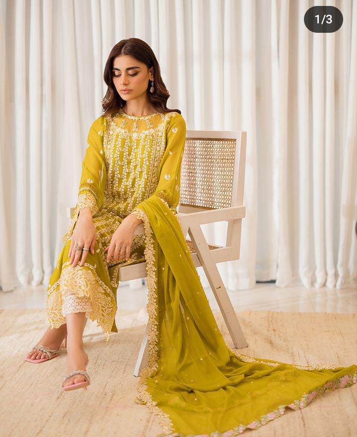 Azure Luxury Chiffon Embroidered Suit with Fully Embellished Front, Designer Sleeves, Ready-to-Wear Border Dupatta and Malai Trouser for Formal & Festive Wear