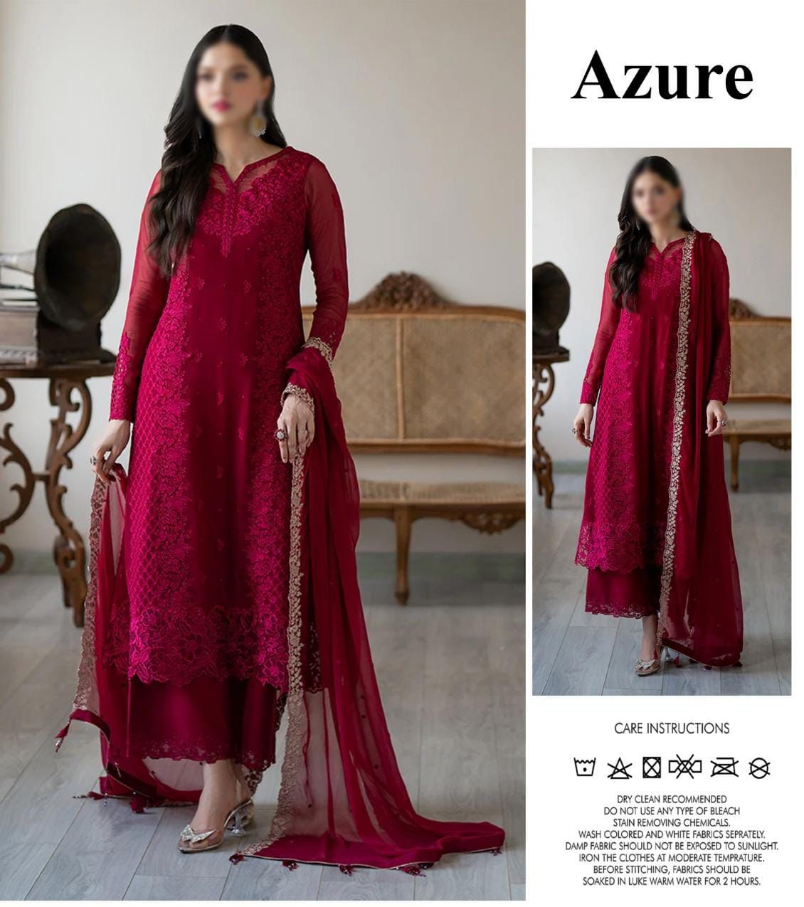 Azure Luxury Heavy Chiffon Embroidered Unstitched Suit with Fully Worked Front, Designer Neck, Rich Border Dupatta and Shamoz Silk Trouser for Formal & Festive Wear