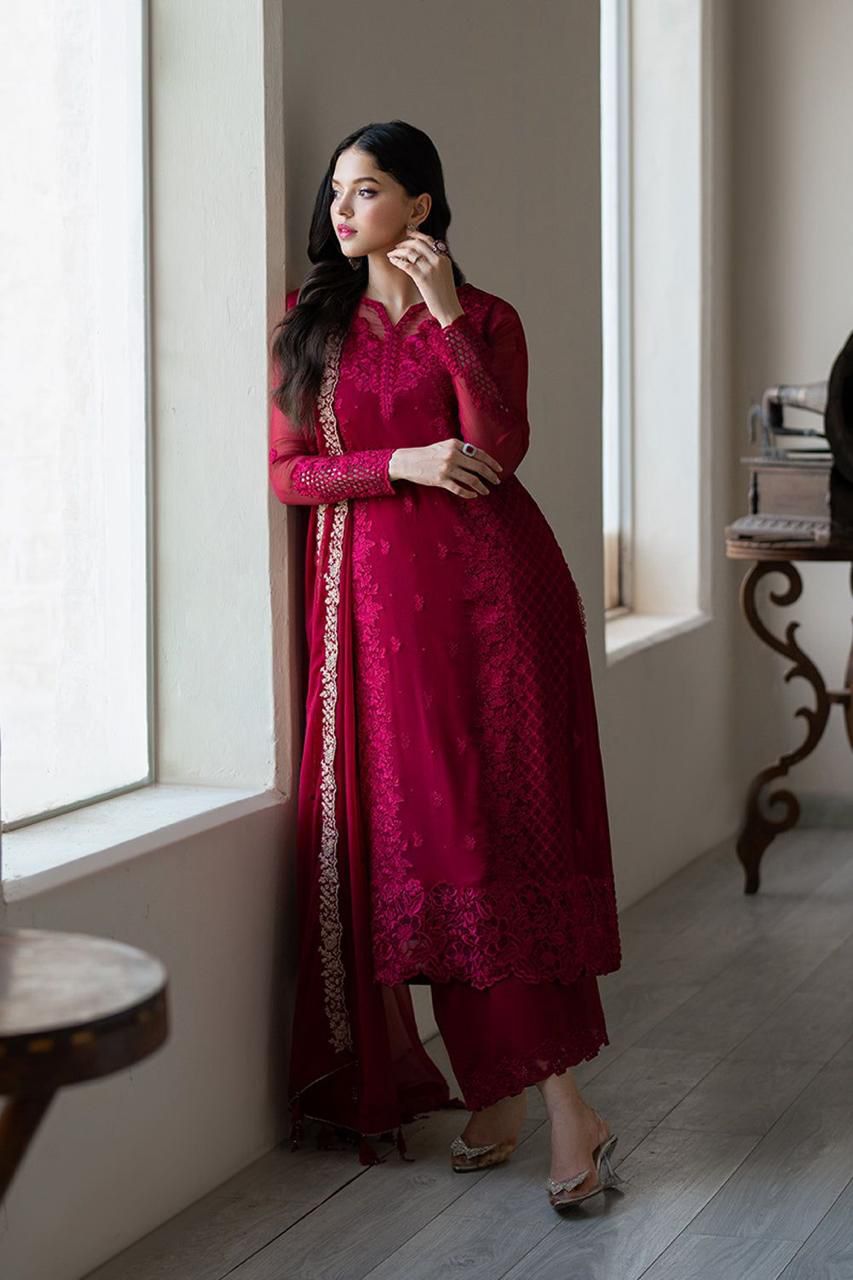 Azure Luxury Heavy Chiffon Embroidered Unstitched Suit with Fully Worked Front, Designer Neck, Rich Border Dupatta and Shamoz Silk Trouser for Formal & Festive Wear