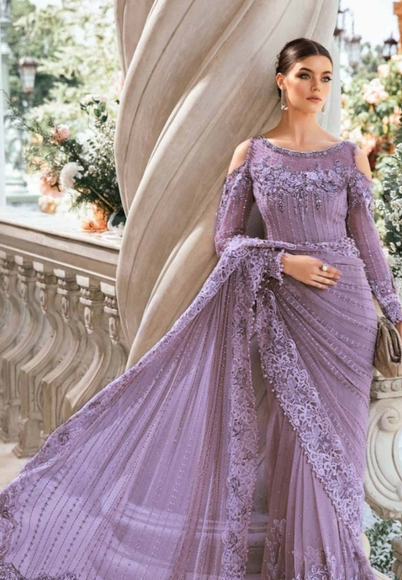 MARIA.B Exclusive Luxury Net Embroidered Saree with Heavy Adda Work, Cutwork Borders, Embellished Pallu and Silk Patti Coat for Premium Formal Wear