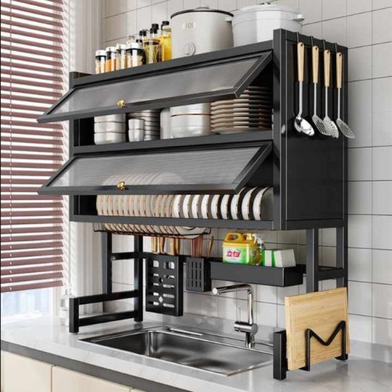Double-Layer Kitchen Dish Rack with Cabinet Doors, Dust-Proof Dish Drying Organizer for Sink & Countertop, Multi-Functional Storage with Built-In Drainage System